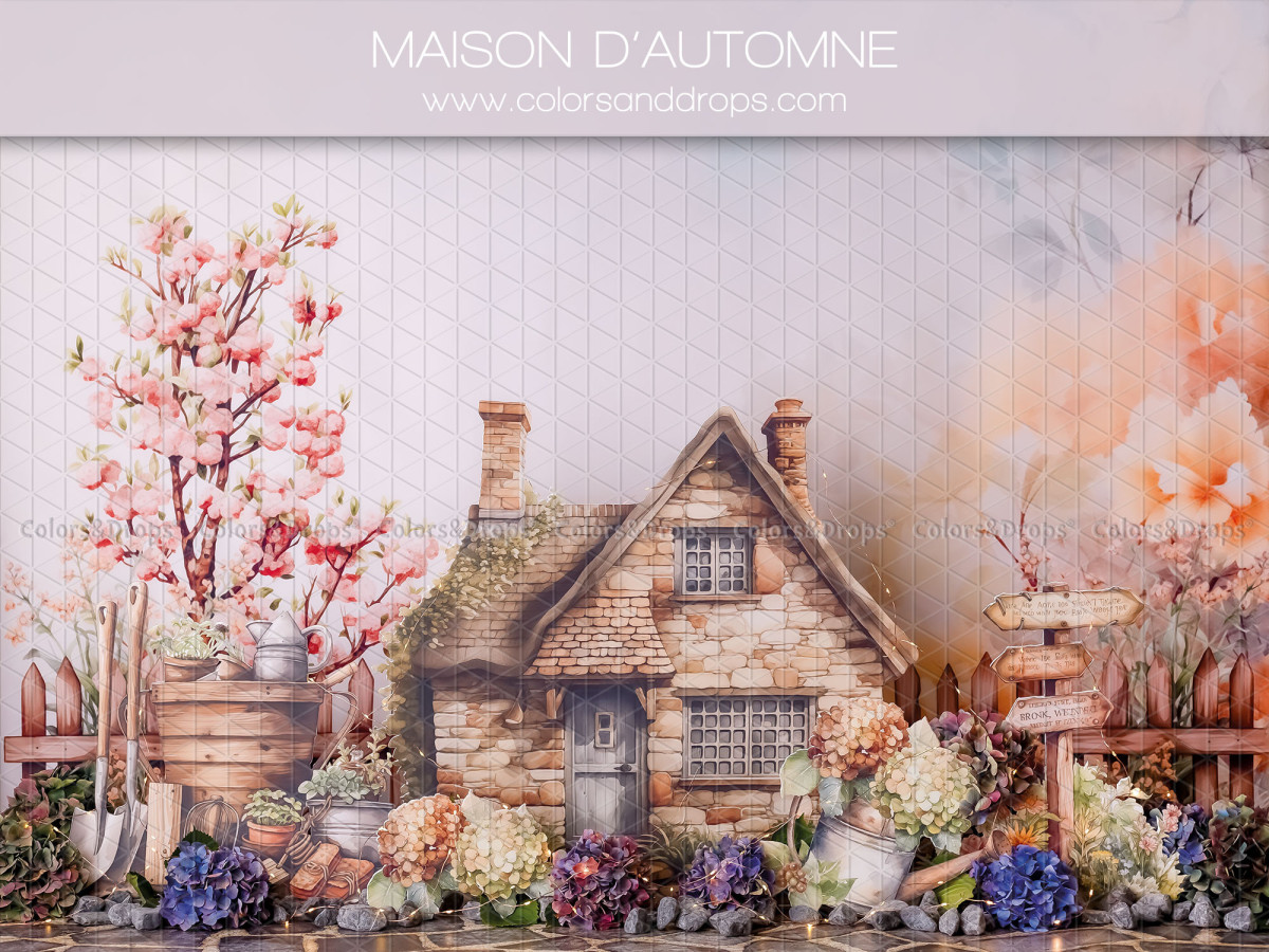Fond photo bébé et smash cake Maison D'Automne – maison en pierre d'automne avec arbre en fleurs | Colors&Drops
