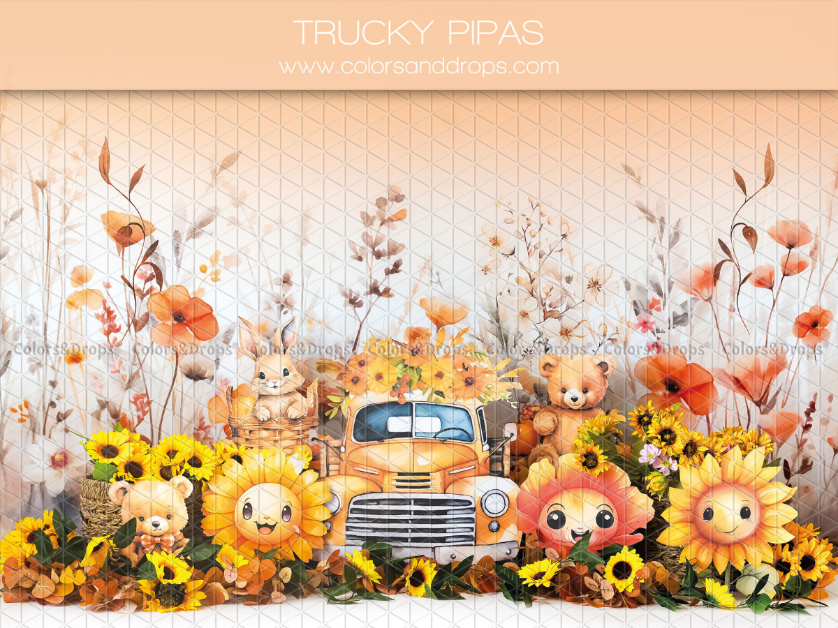Fond photo bébé et smash cake Trucky Pipas – voiture jaune avec tournesols et fleurs sauvages | Colors&Drops