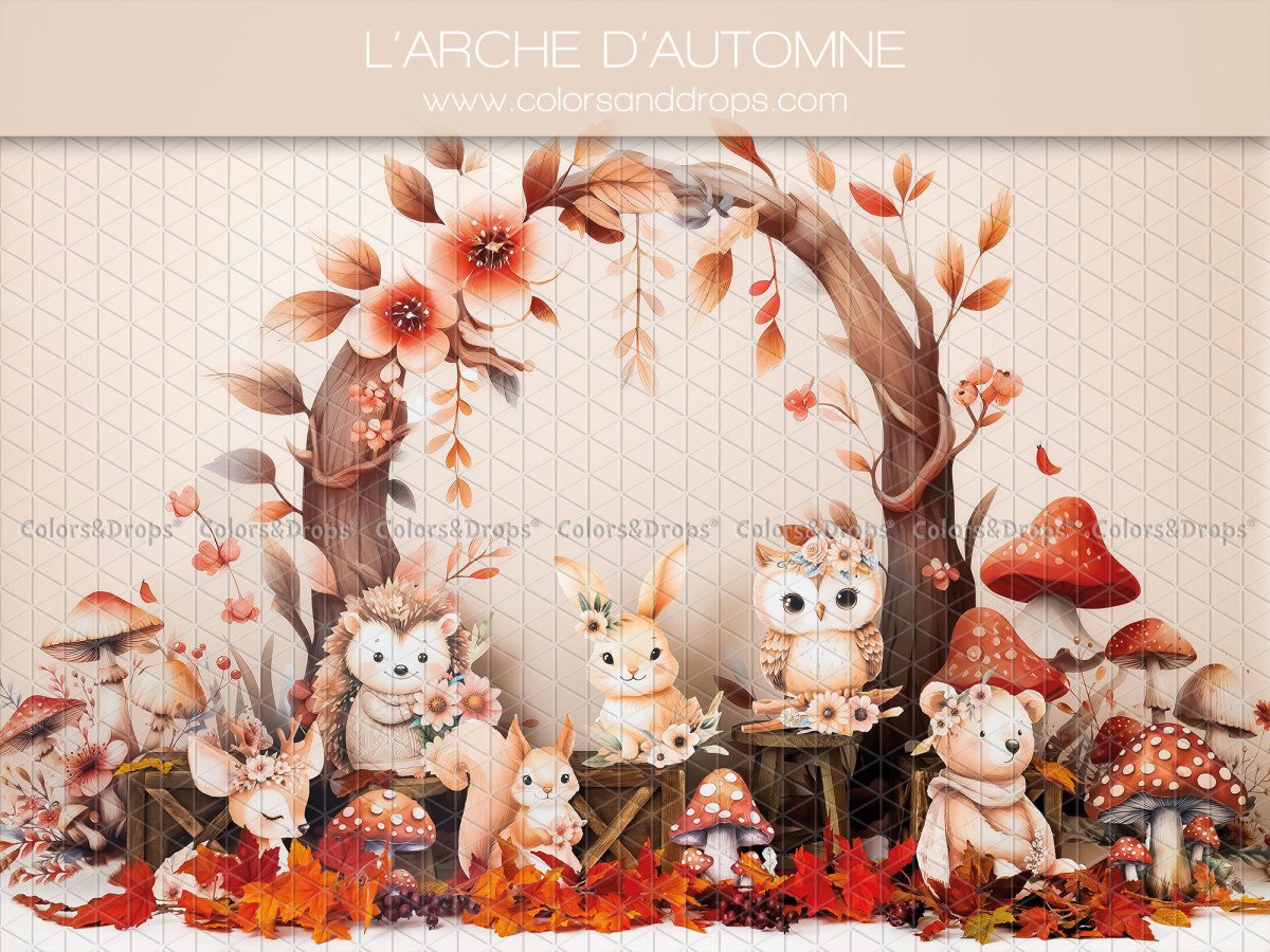 Fondo fotográfico de bebé y smash cake L'Arche D'Automne – arco otoñal de ramas con animales y setas | Colors&Drops