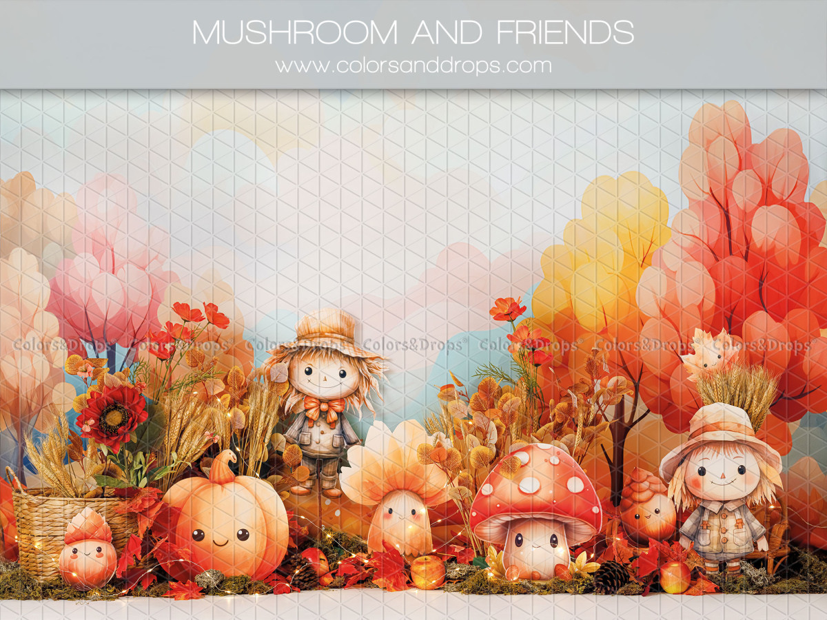 Fondo fotográfico de bebé y smash cake Mushroom and Friends – setas y espantapájaros en un jardín otoñal | Colors&Drops