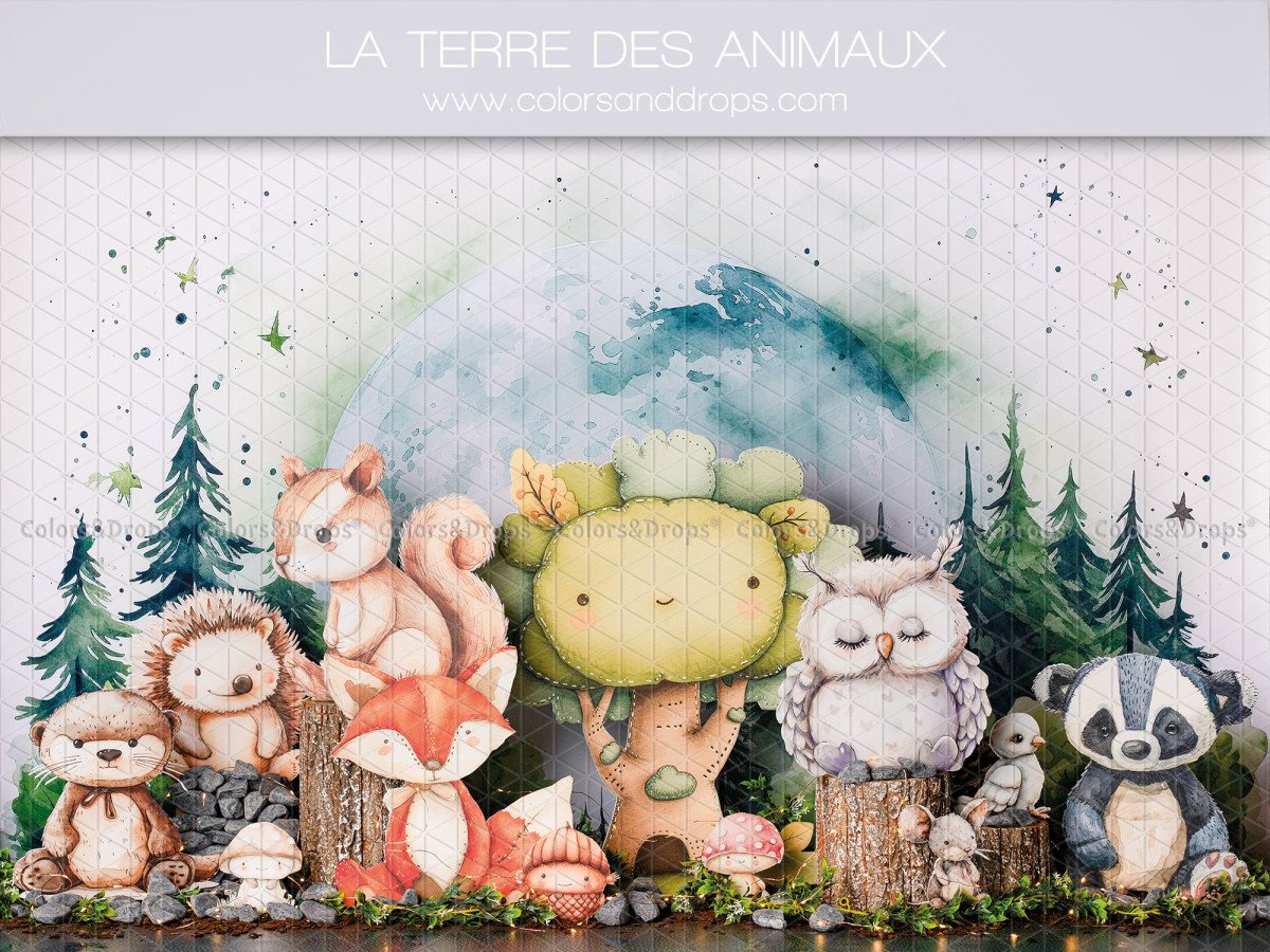 Baby & cake smash photo backdrop La Terre des Animaux – forest animals with fox, owl and badger | Colors&Drops