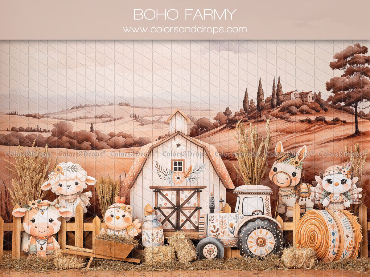 Baby & cake smash photo backdrop Boho Farmy – boho farm with white barn and tractor | Colors&Drops