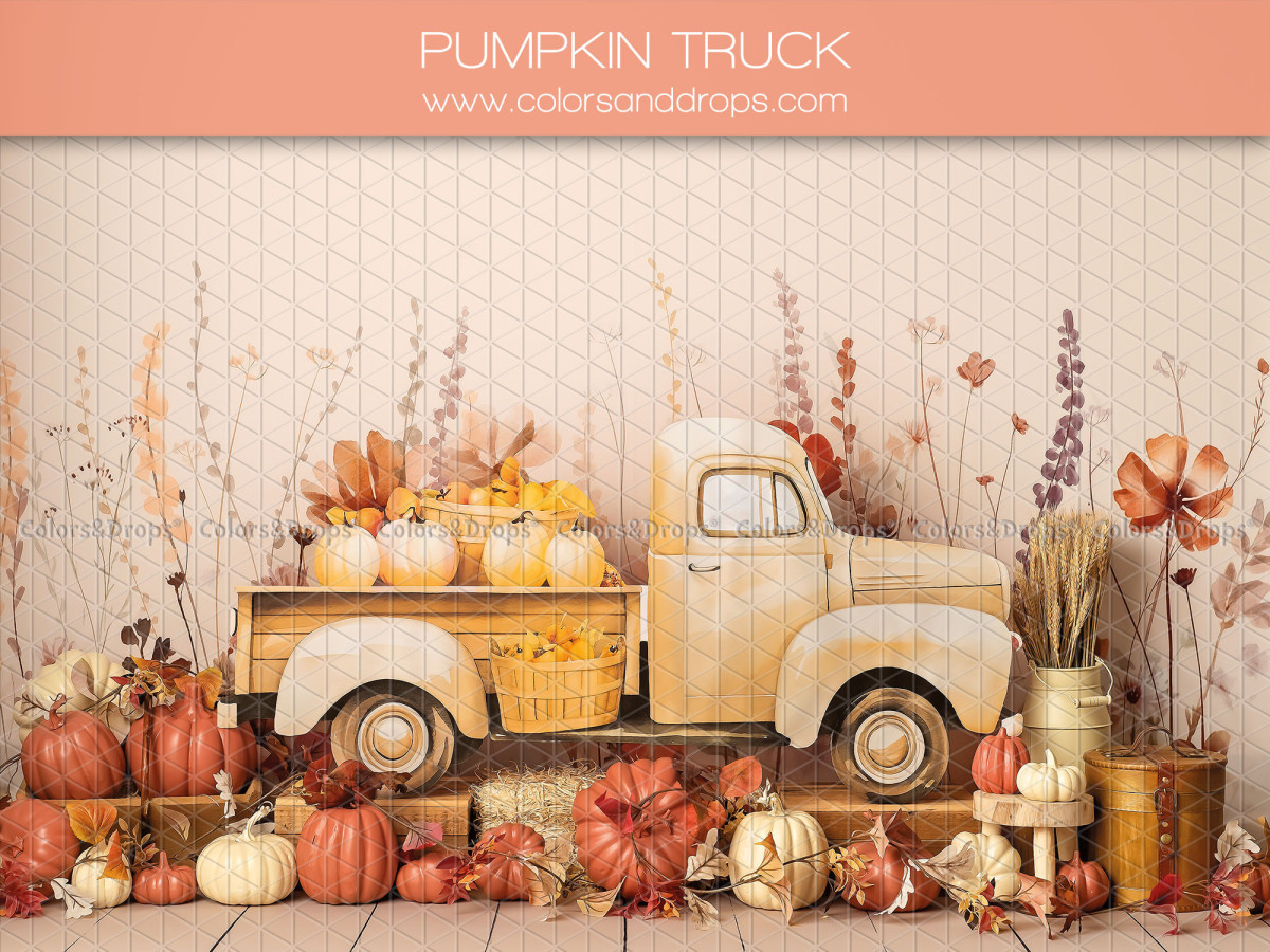 Fondo fotográfico de bebé y smash cake Pumpkin Truck – camioneta vintage cargada de calabazas | Colors&Drops