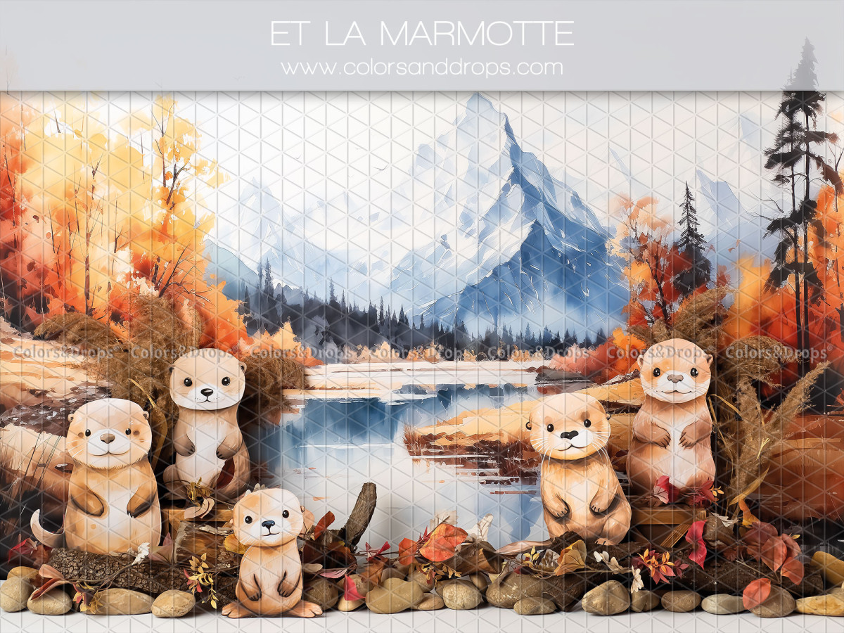 Baby & cake smash photo backdrop Et la Marmotte – marmots by a mountain lake in autumn | Colors&Drops