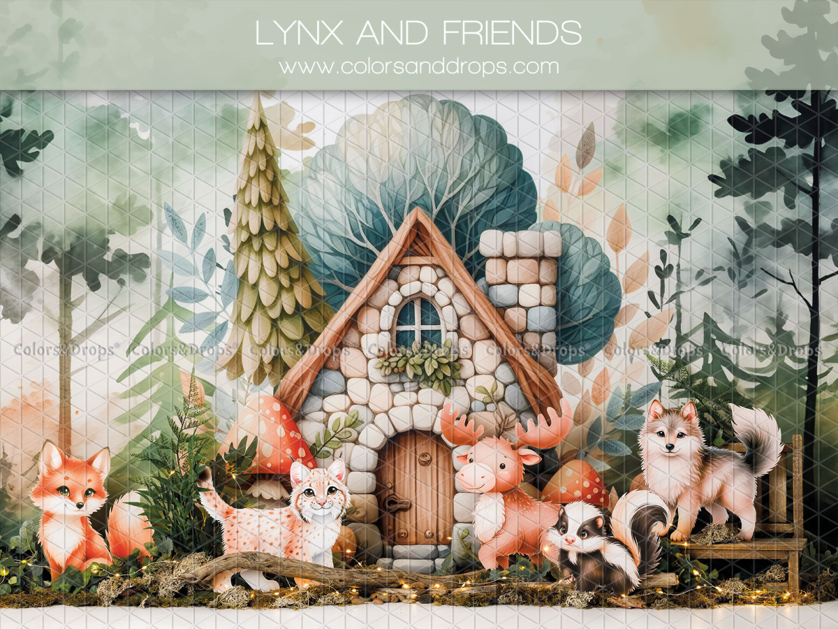 Baby & cake smash photo backdrop Lynx and Friends – stone cottage with lynx, fox and animals | Colors&Drops