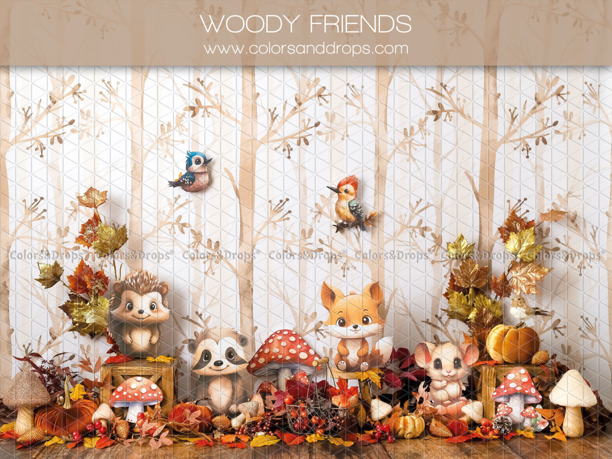Fond photo bébé et smash cake Woody Friends – animaux des bois avec champignons et feuilles d'automne | Colors&Drops