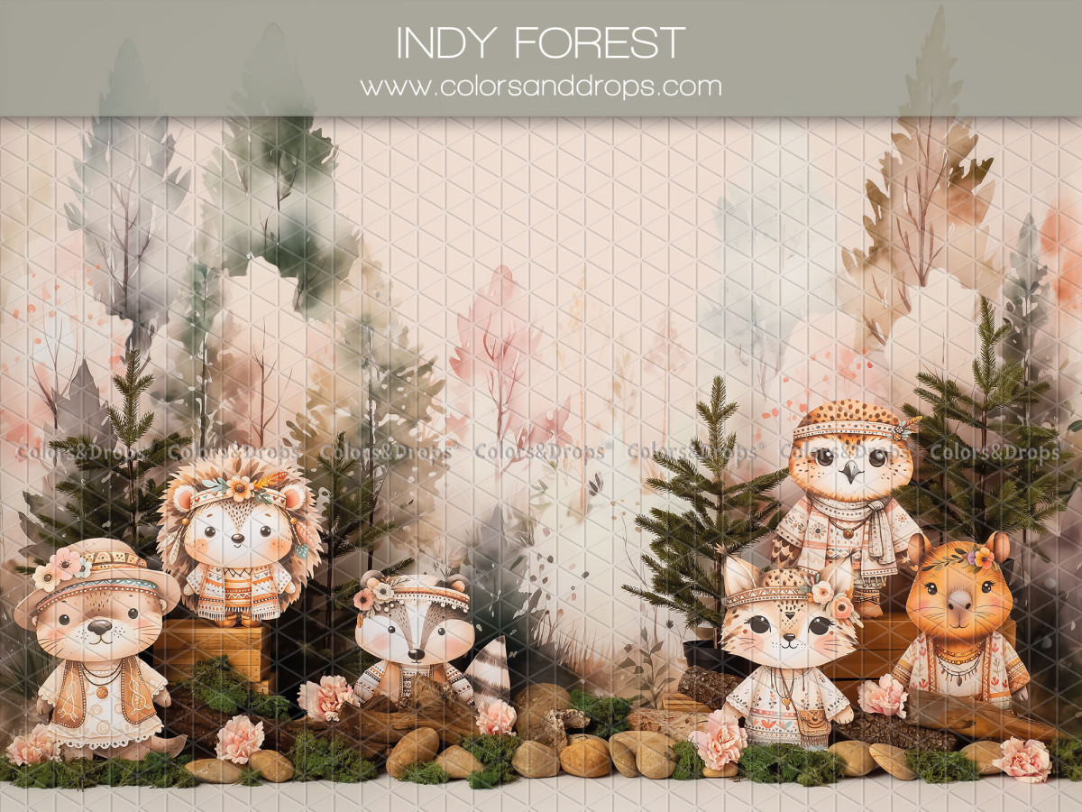Fond photo bébé et smash cake Indy Forest – animaux de la forêt dans un bois brumeux | Colors&Drops