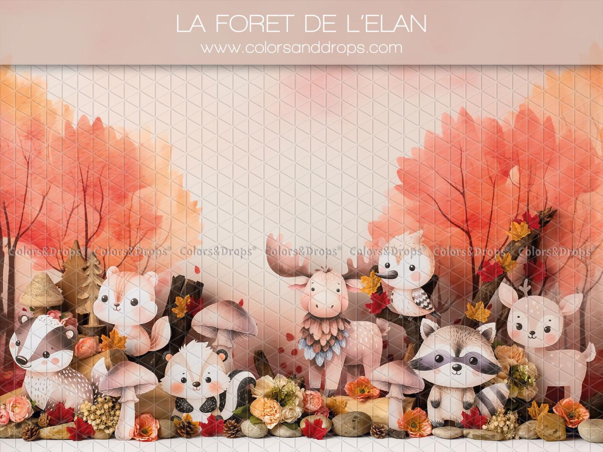 Baby & cake smash photo backdrop La Foret de L'Elan – moose and forest animals under orange trees | Colors&Drops