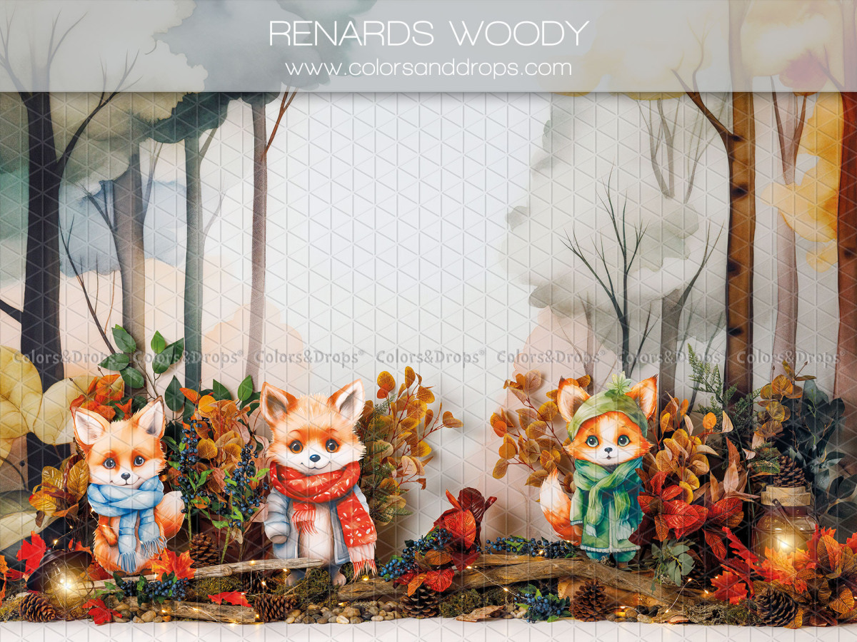 Fond photo bébé et smash cake Renards Woody – renards en écharpe dans une forêt d'automne | Colors&Drops