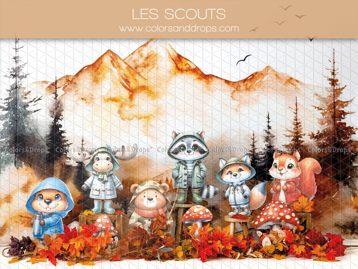 Fond photo bébé et smash cake Les Scouts – animaux scouts devant des montagnes en automne | Colors&Drops