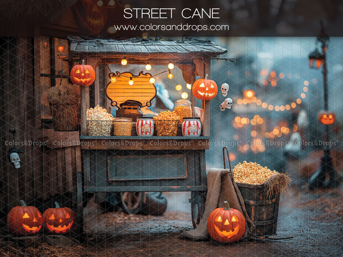Fond photo d'Halloween Street Cane – charrette de pop-corn d'Halloween avec citrouilles | Colors&Drops