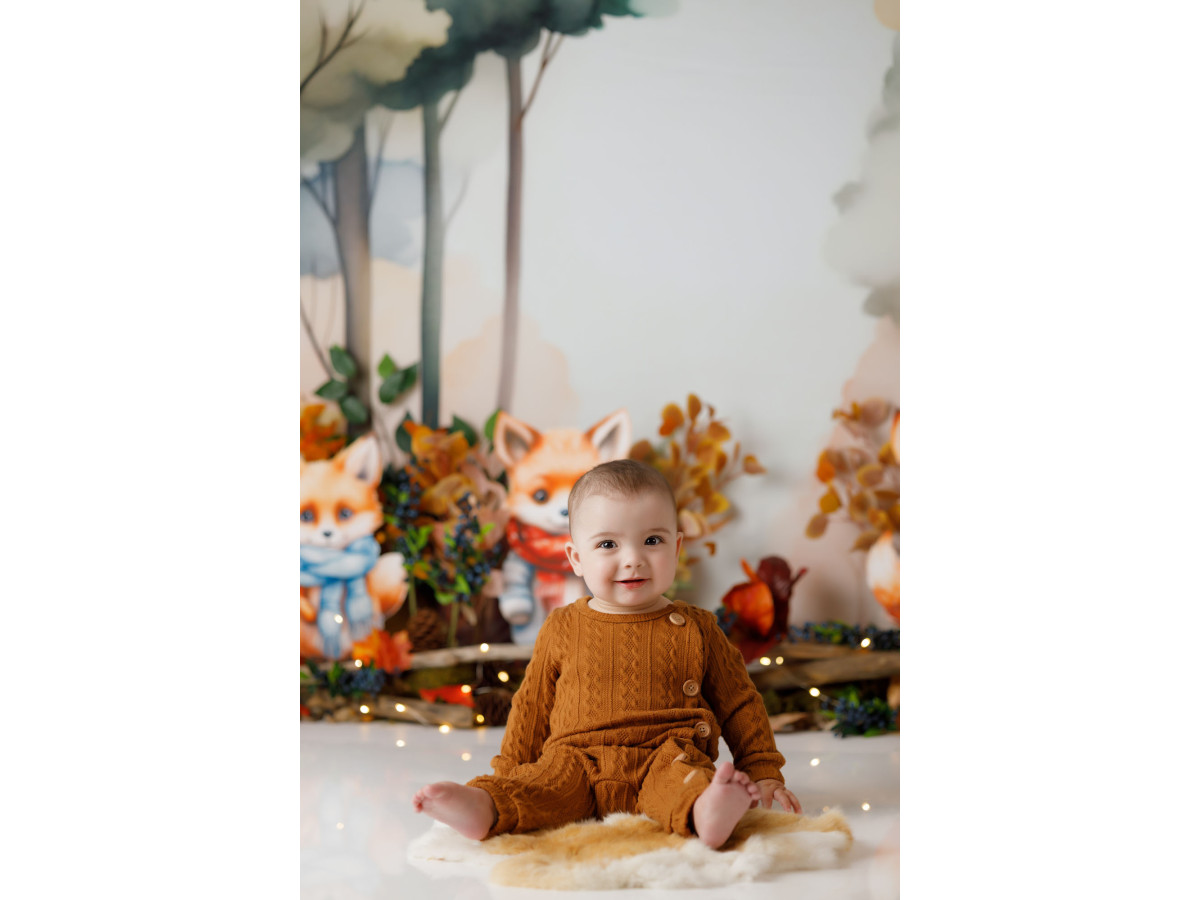 Fond photo bébé et smash cake Renards Woody – renards en écharpe dans une forêt d'automne | Colors&Drops