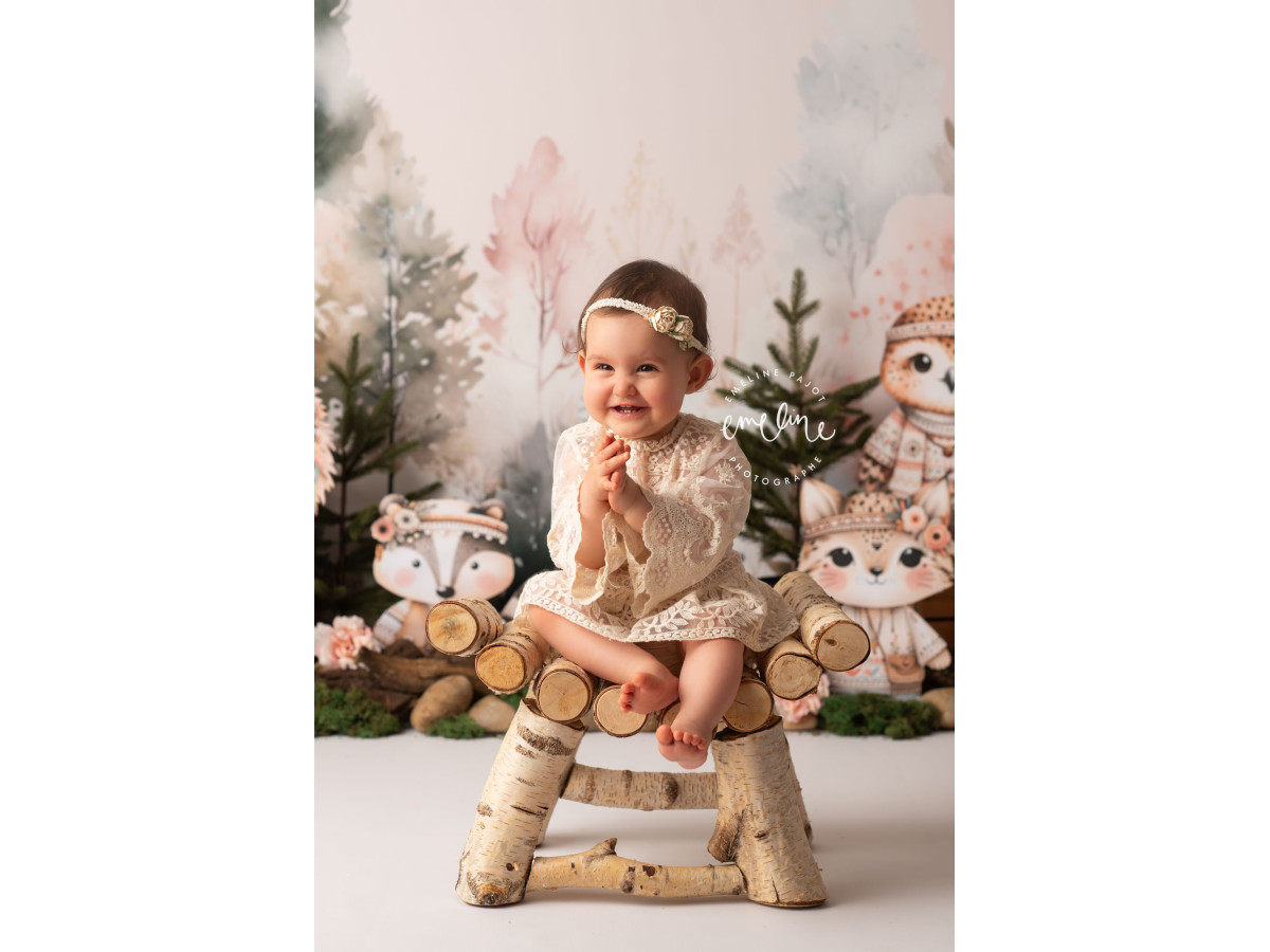 Fond photo bébé et smash cake Indy Forest – animaux de la forêt dans un bois brumeux | Colors&Drops