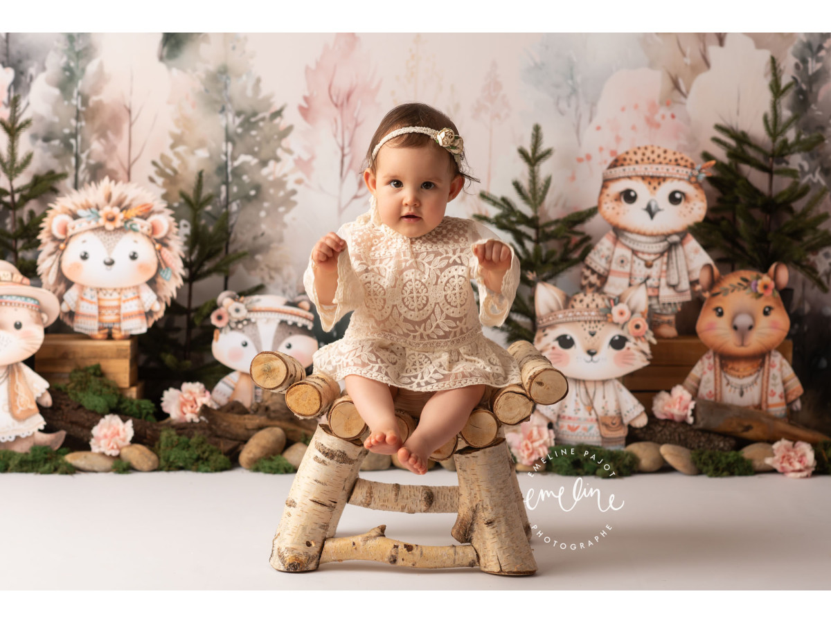 Fond photo bébé et smash cake Indy Forest – animaux de la forêt dans un bois brumeux | Colors&Drops