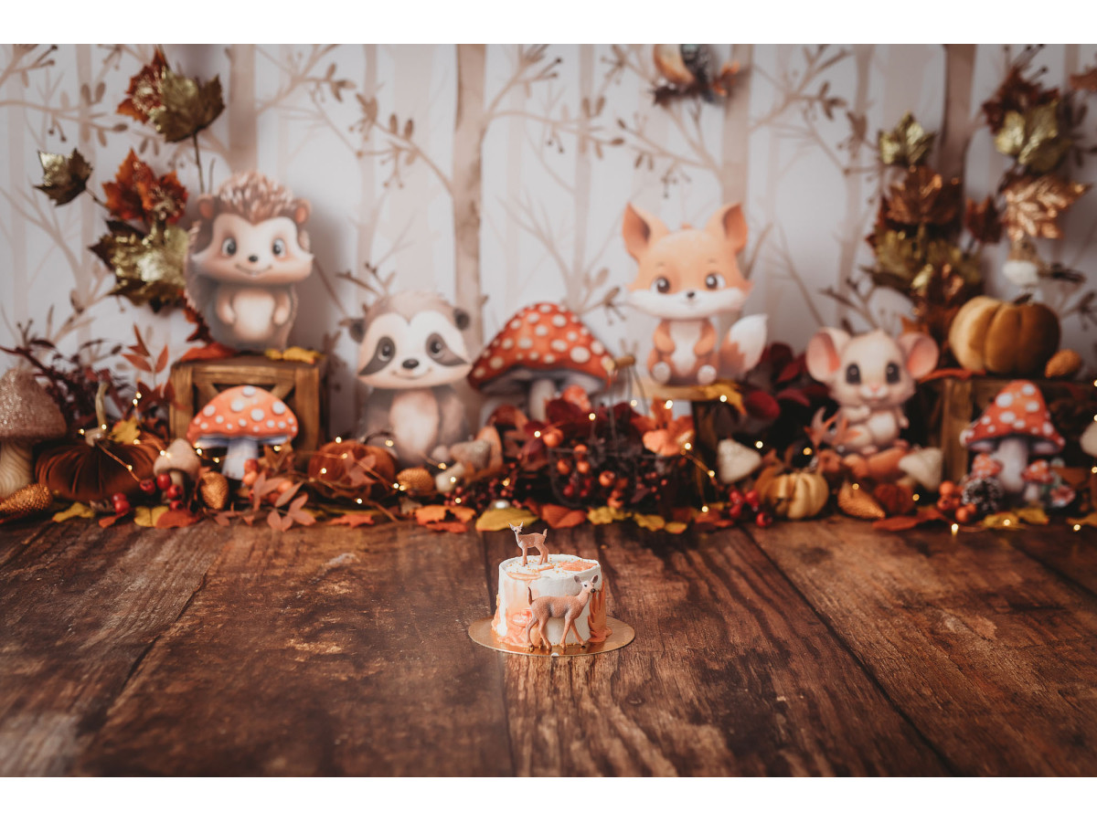Fondo fotográfico de bebé y smash cake Woody Friends – animales del bosque con setas y hojas de otoño | Colors&Drops