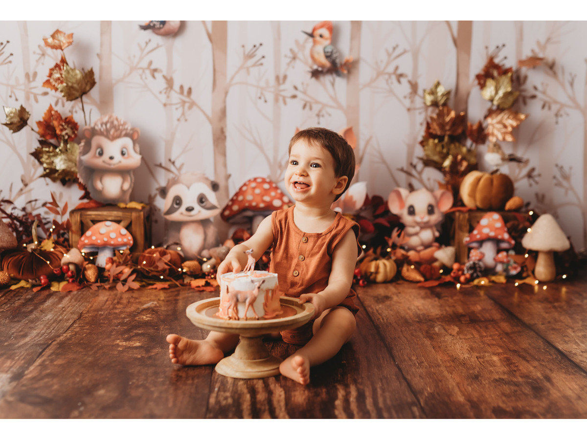 Fond photo bébé et smash cake Woody Friends – animaux des bois avec champignons et feuilles d'automne | Colors&Drops