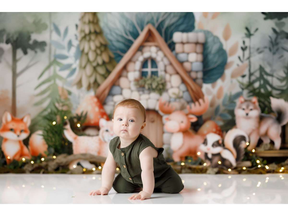 Baby & cake smash photo backdrop Lynx and Friends – stone cottage with lynx, fox and animals | Colors&Drops