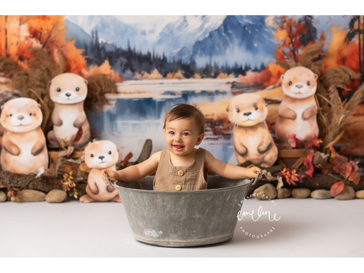 Baby & cake smash photo backdrop Et la Marmotte – marmots by a mountain lake in autumn | Colors&Drops