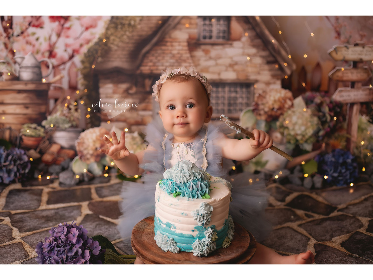 Fond photo bébé et smash cake Maison D'Automne – maison en pierre d'automne avec arbre en fleurs | Colors&Drops