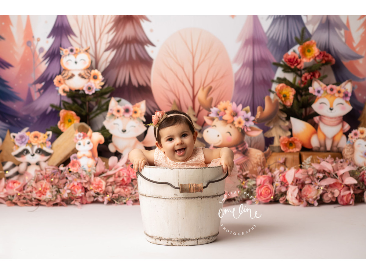 Fond photo bébé et smash cake La Foret Violette – animaux de la forêt dans un bois violet et orangé | Colors&Drops