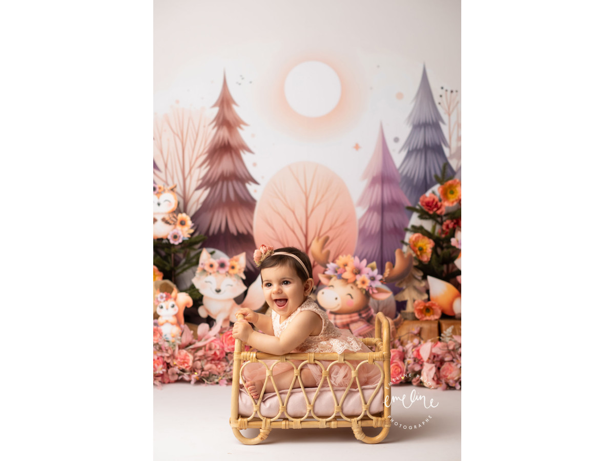 Fond photo bébé et smash cake La Foret Violette – animaux de la forêt dans un bois violet et orangé | Colors&Drops
