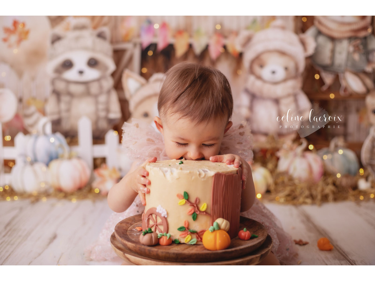 Baby & cake smash photo backdrop La Cabane des Animaux – wooden cabin with forest animals and pumpkins | Colors&Drops
