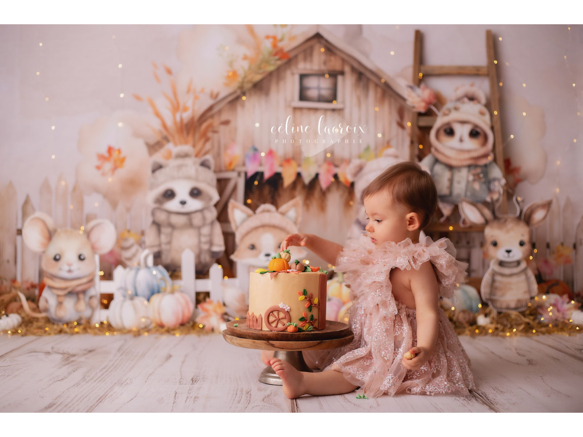 Baby & cake smash photo backdrop La Cabane des Animaux – wooden cabin with forest animals and pumpkins | Colors&Drops