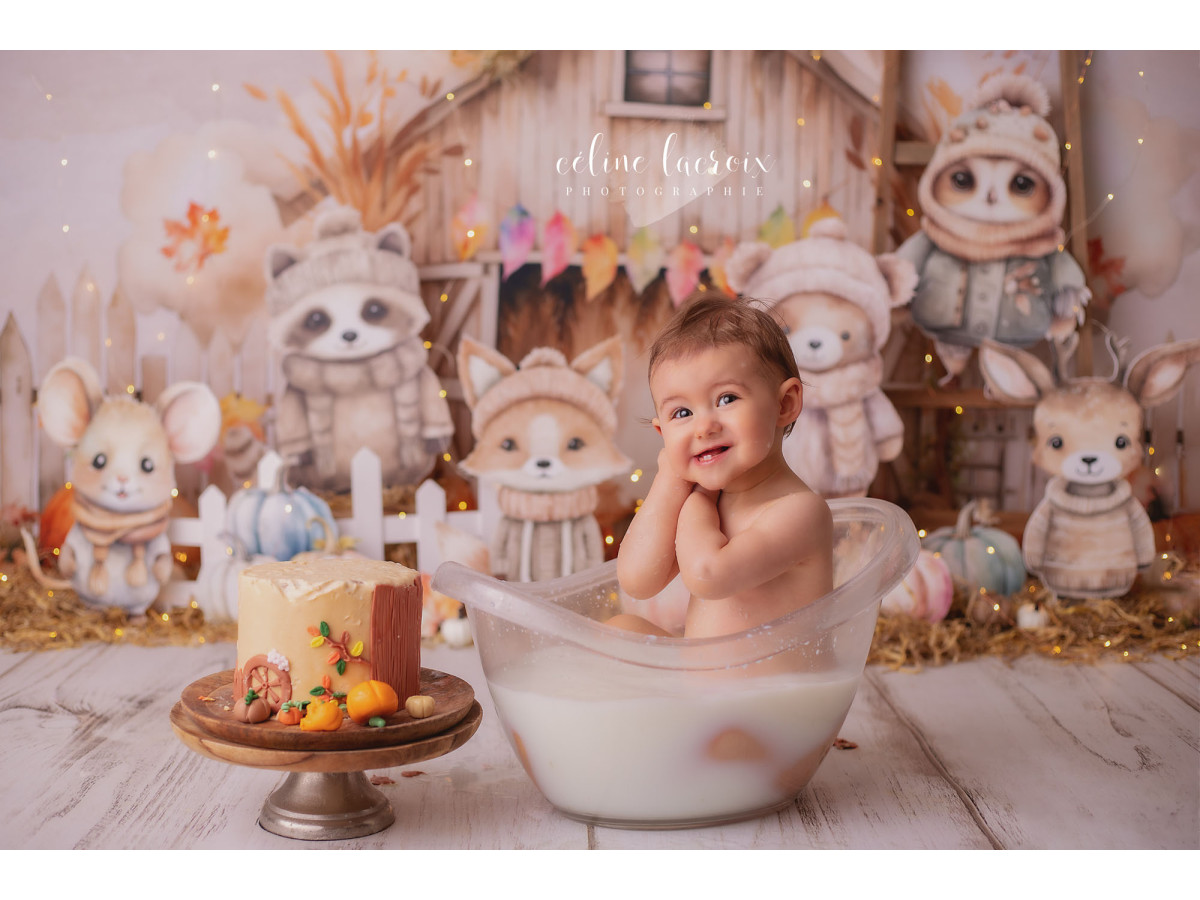 Fondo fotográfico de bebé y smash cake La Cabane des Animaux – cabaña de madera con animales del bosque y | Colors&Drops