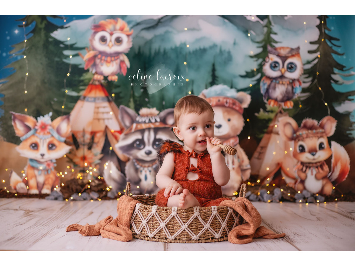 Fond photo bébé et smash cake Le Feu de Camp – animaux de la forêt autour d'un feu de camp | Colors&Drops