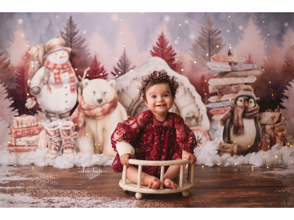 Fondo fotográfico de bebé y smash cake L'Igloo des Ours – oso y muñeco de nieve frente a un iglú rosa | Colors&Drops