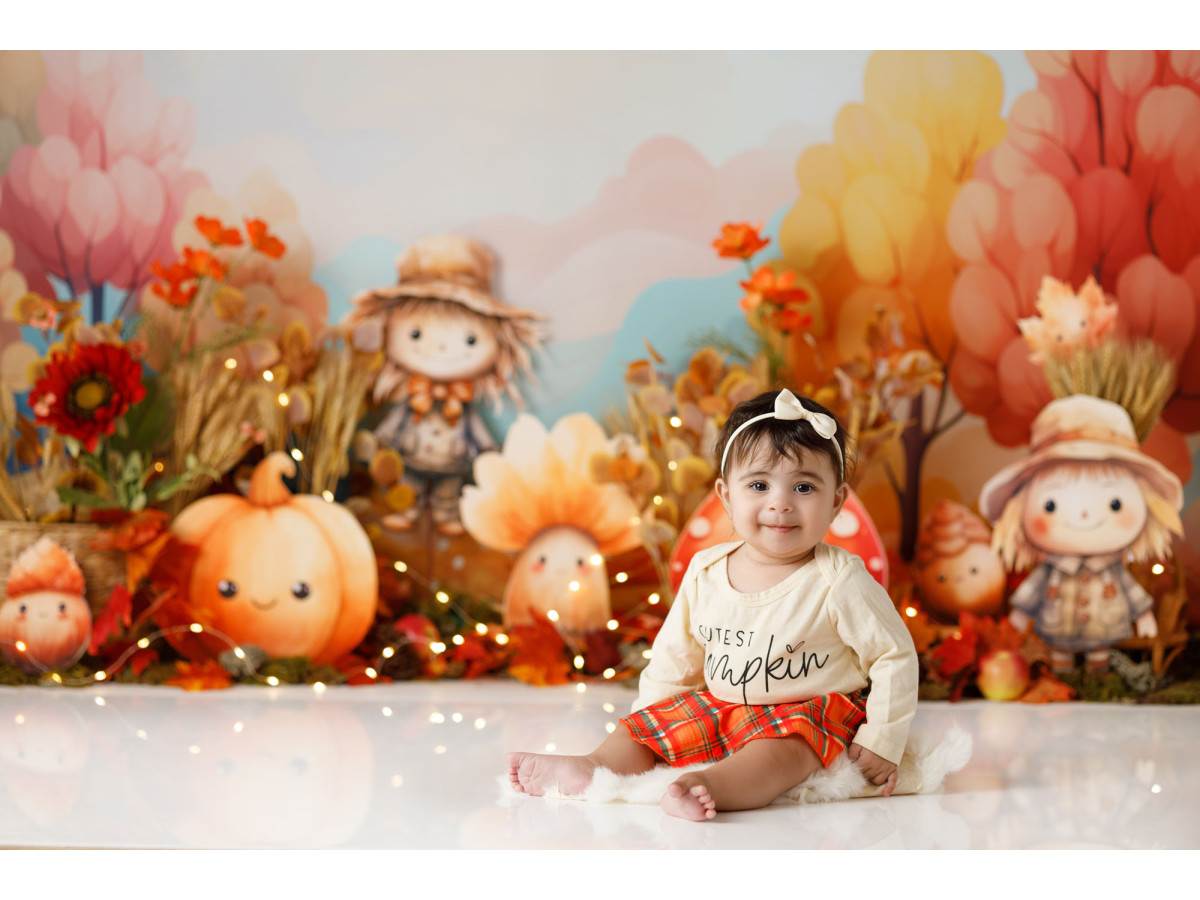Fondo fotográfico de bebé y smash cake Mushroom and Friends – setas y espantapájaros en un jardín otoñal | Colors&Drops