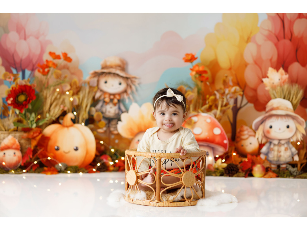 Fondo fotográfico de bebé y smash cake Mushroom and Friends – setas y espantapájaros en un jardín otoñal | Colors&Drops