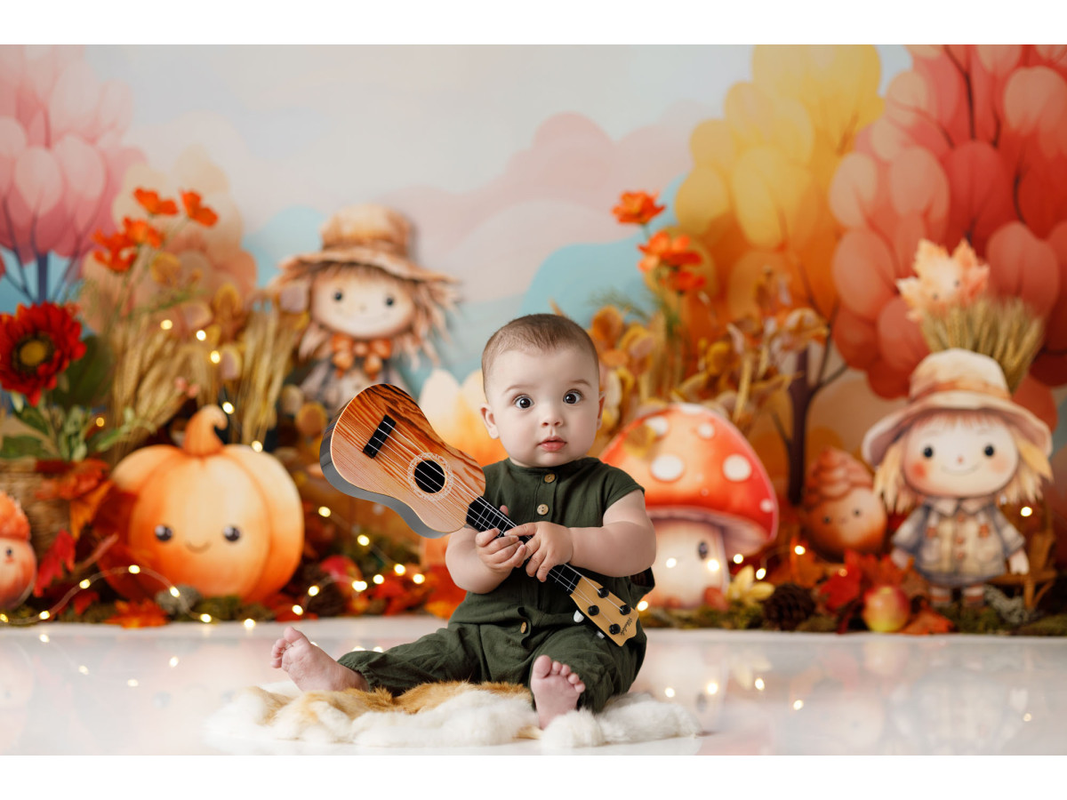 Fondo fotográfico de bebé y smash cake Mushroom and Friends – setas y espantapájaros en un jardín otoñal | Colors&Drops