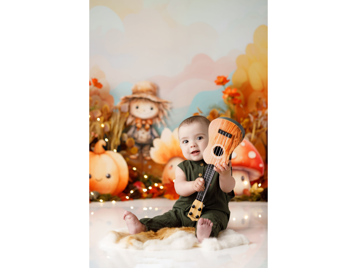Fondo fotográfico de bebé y smash cake Mushroom and Friends – setas y espantapájaros en un jardín otoñal | Colors&Drops
