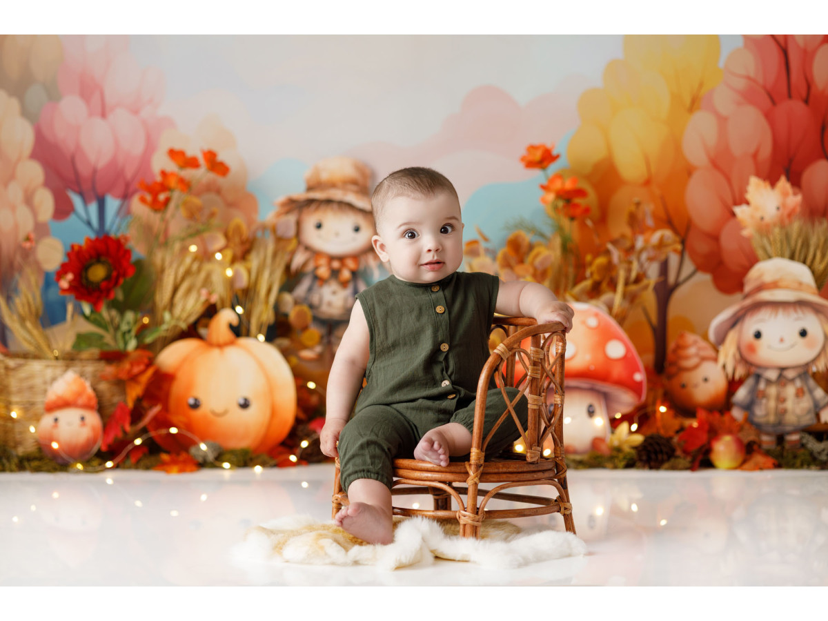 Fondo fotográfico de bebé y smash cake Mushroom and Friends – setas y espantapájaros en un jardín otoñal | Colors&Drops