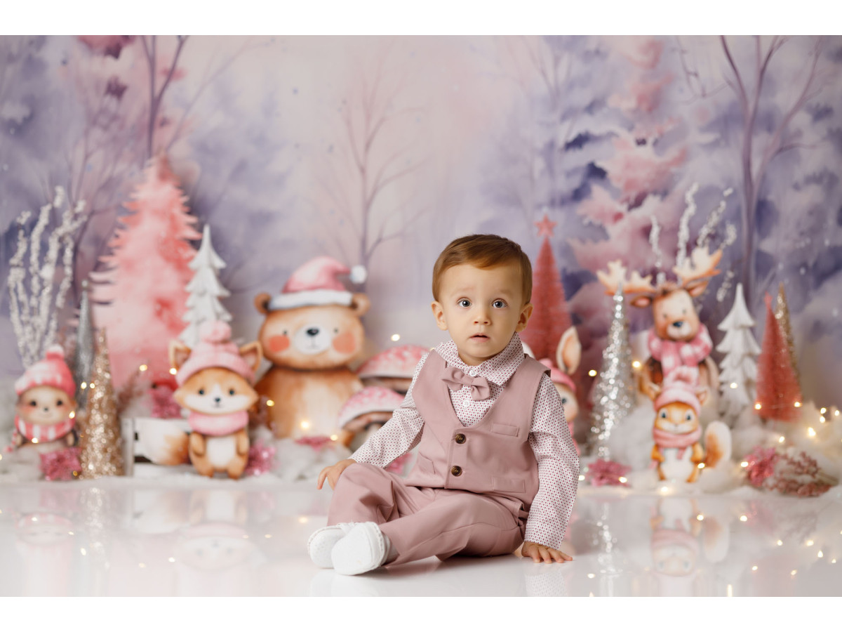 Fond photo bébé et smash cake Pinky Icy – animaux de la forêt dans un bois d'hiver rose | Colors&Drops