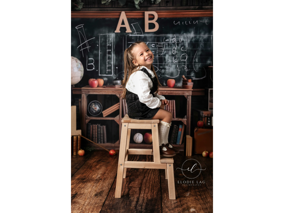 School portrait photo backdrop On My Chalk – classroom with chalkboard and globe | Colors&Drops