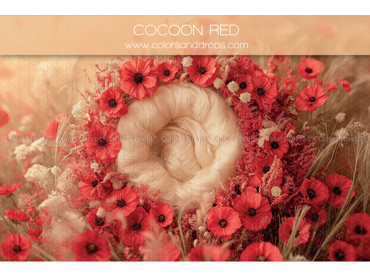 Newborn photo backdrop Cocoon Red – wool nest surrounded by red poppies | Colors&Drops