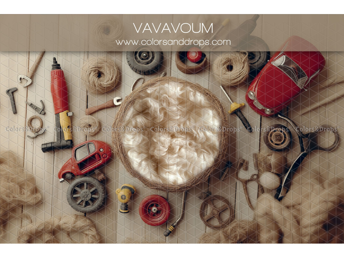 Newborn photo backdrop Vavoum – wool nest with tools and toy cars | Colors&Drops