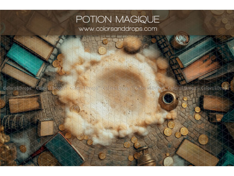 Fond photo nouveau-né Potionmagique – nid en laine sur table avec livres et pièces | Colors&Drops