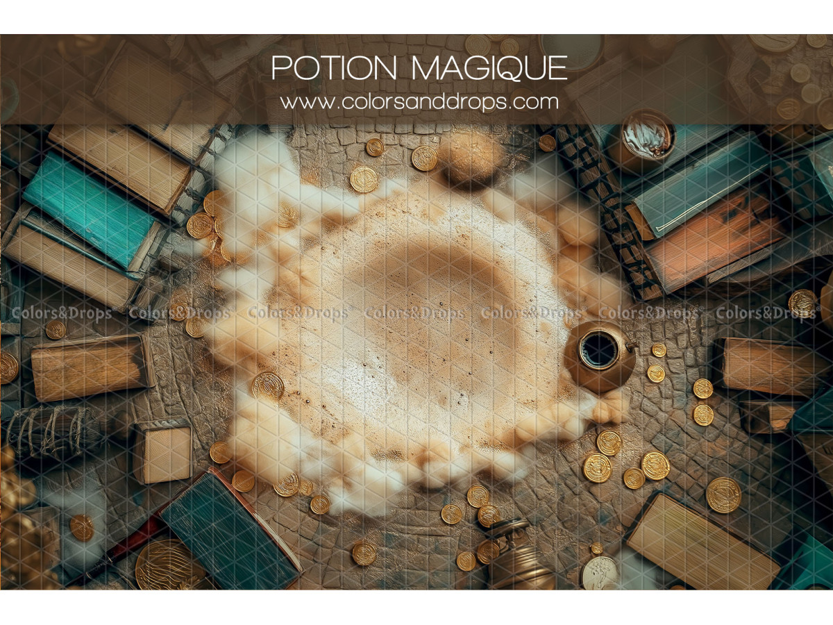 Newborn photo backdrop Potionmagique – wool nest on table with books and coins | Colors&Drops