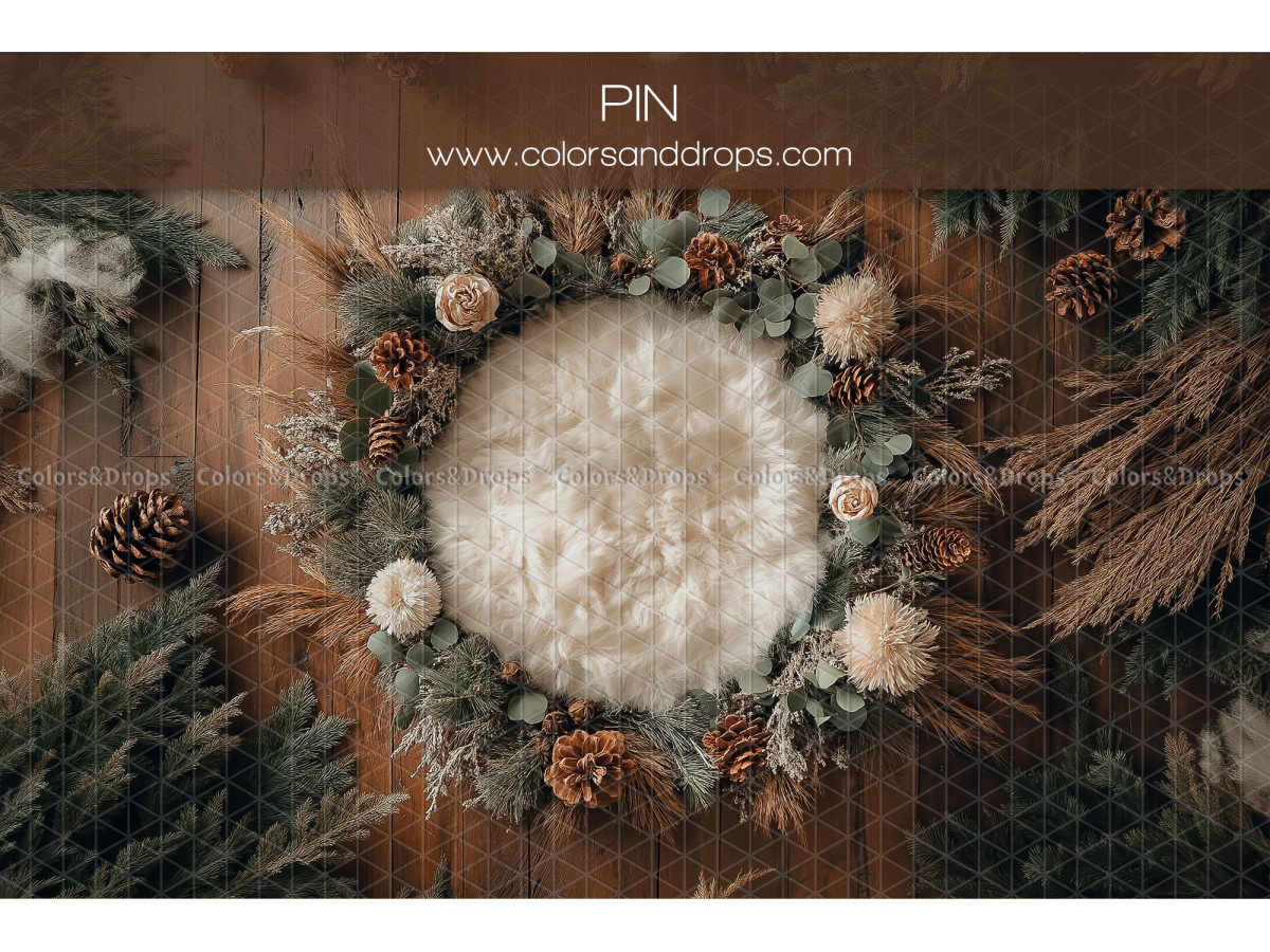 Newborn photo backdrop Pin – fur nest with pine cone wreath | Colors&Drops