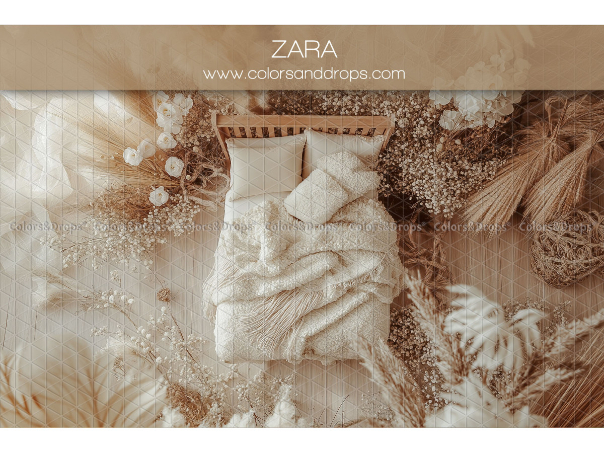 Newborn photo backdrop Zara – small boho bed with sheets and dried flowers | Colors&Drops