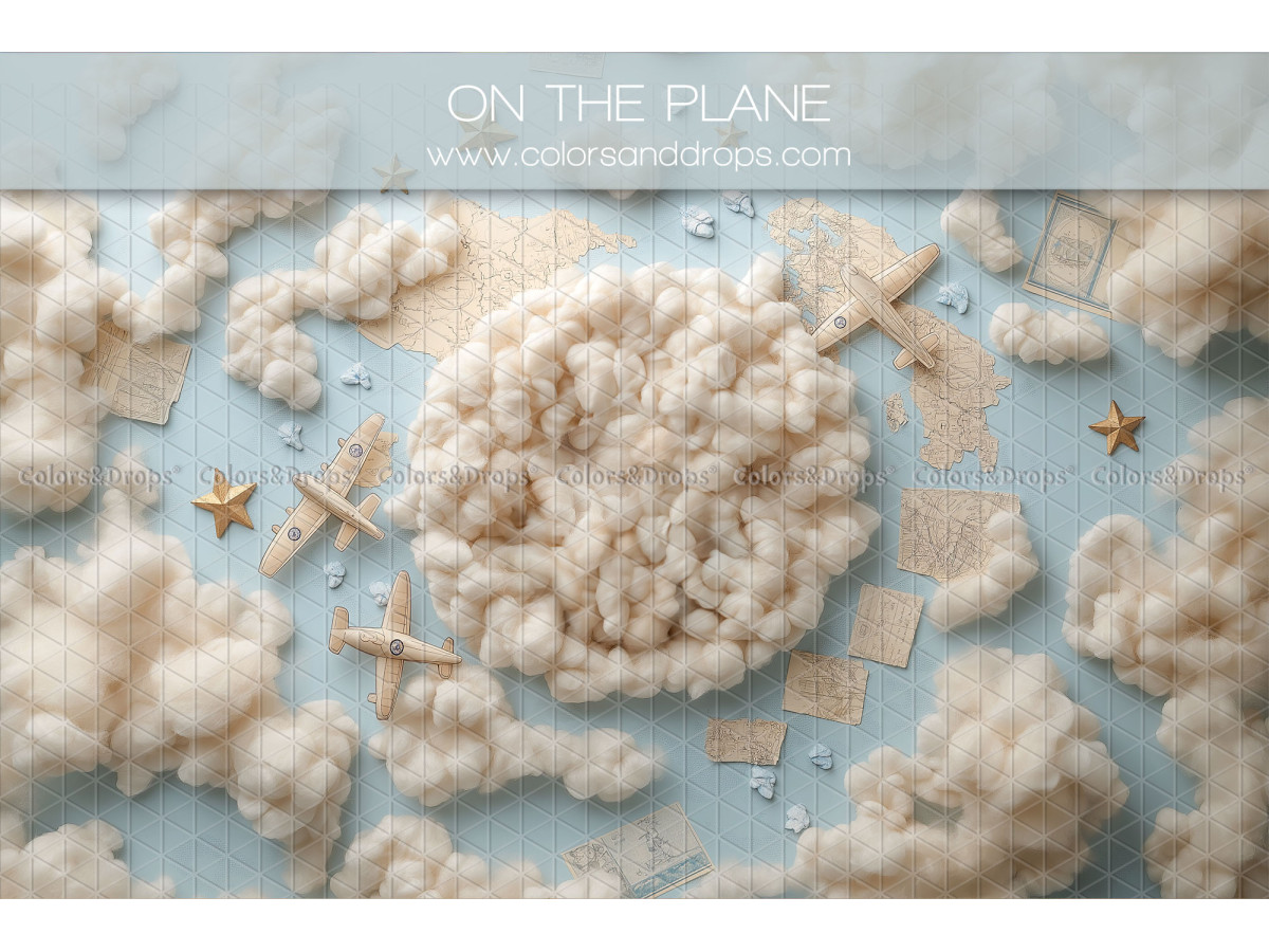 Newborn photo backdrop On the Plane – wool nest among clouds and paper planes | Colors&Drops
