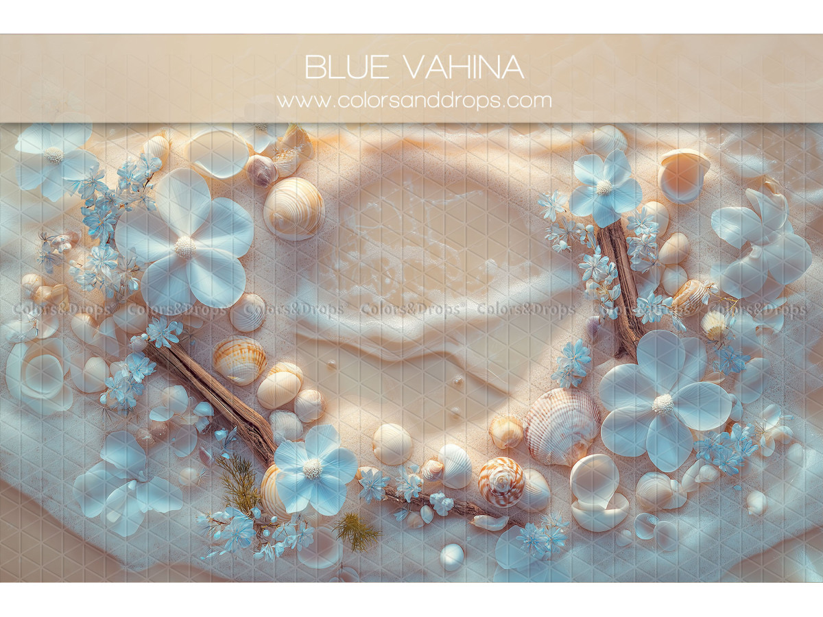 Newborn photo backdrop Blue Vahina – sand nest with blue flowers and seashells | Colors&Drops