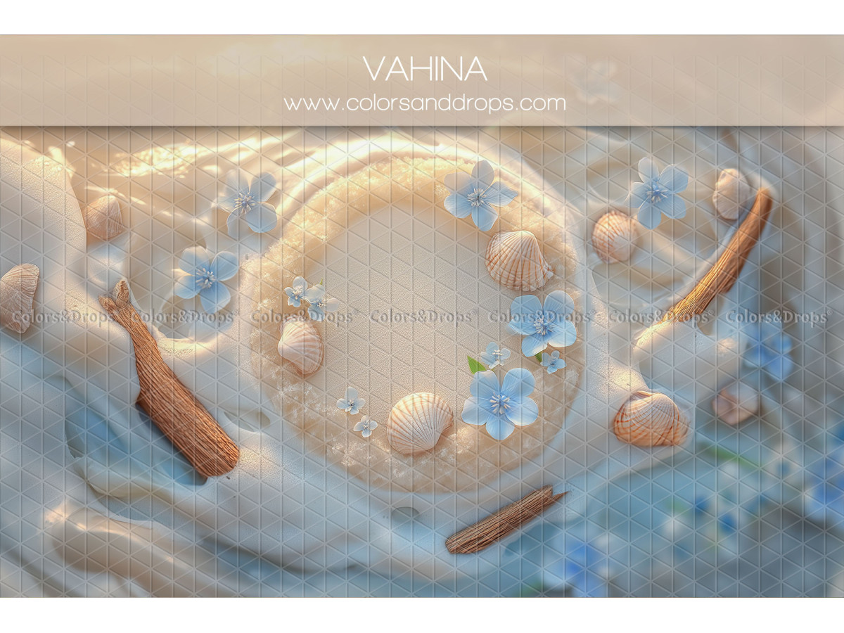Newborn photo backdrop Vahina – sand nest with seashells and blue flowers | Colors&Drops