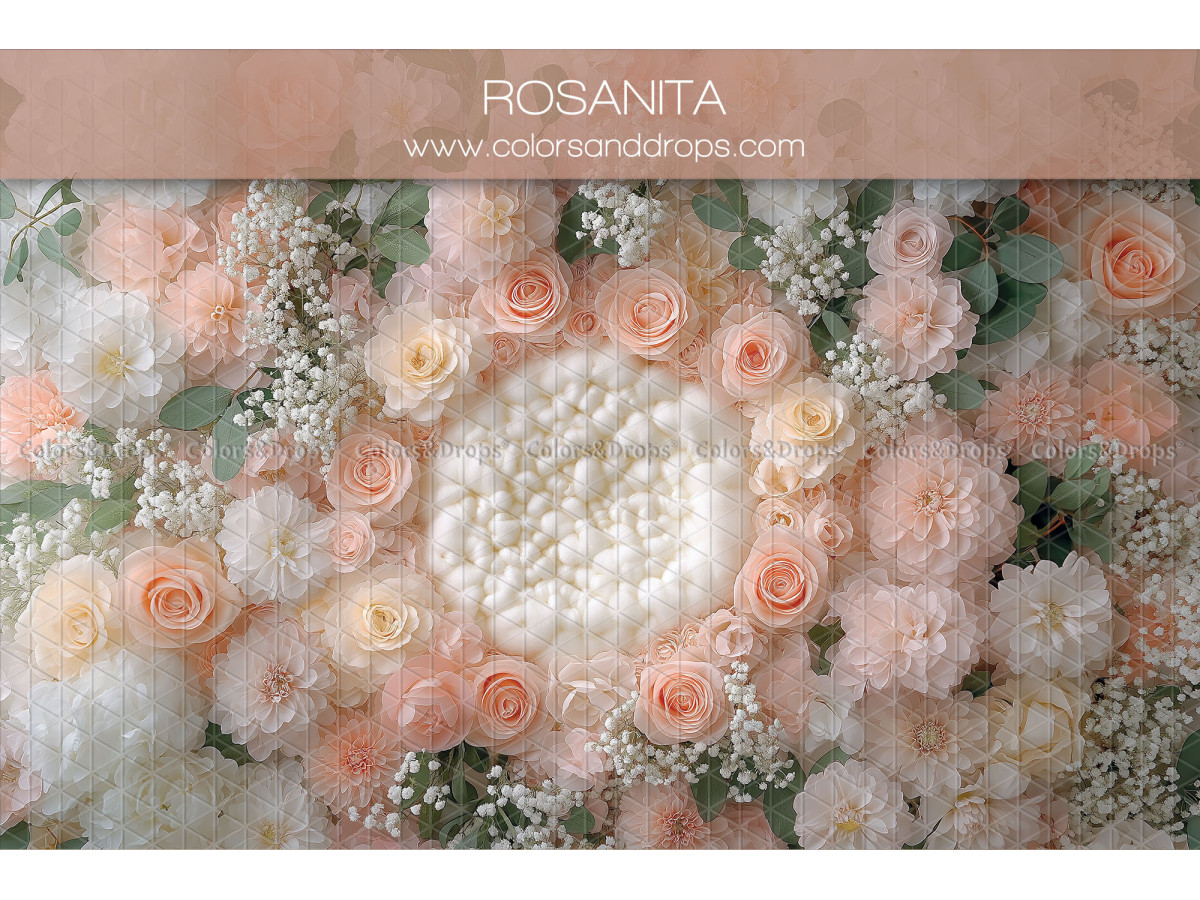 Newborn photo backdrop Rosanita – wool nest surrounded by peach roses | Colors&Drops