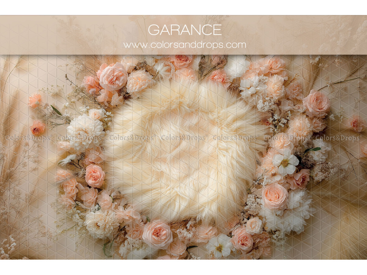 Newborn photo backdrop Garance – fur nest surrounded by pastel roses | Colors&Drops