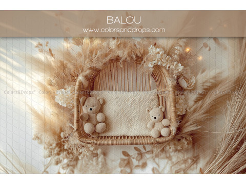 Newborn photo backdrop Balou – rattan basket with teddy bears and pampas | Colors&Drops