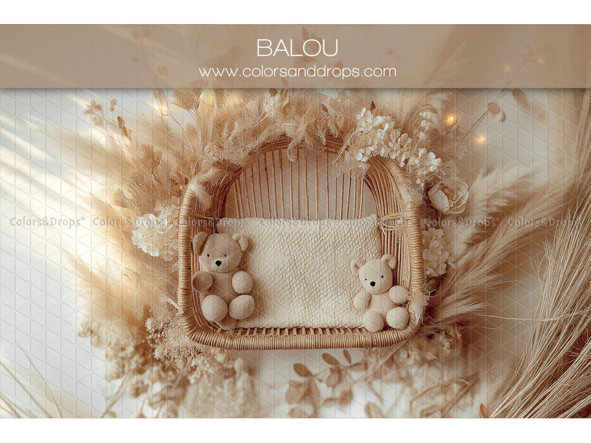 Newborn photo backdrop Balou – rattan basket with teddy bears and pampas | Colors&Drops